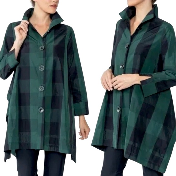 IC Collection Green and Black Plaid High Collar Unlined Polyester Jacket - Picture 1 of 16
